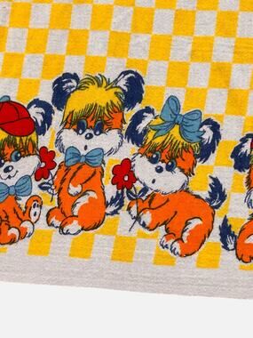 Vintage 60s Receiving Blanket Yellow Checkered Puppy Dogs 27x40 Cotton -